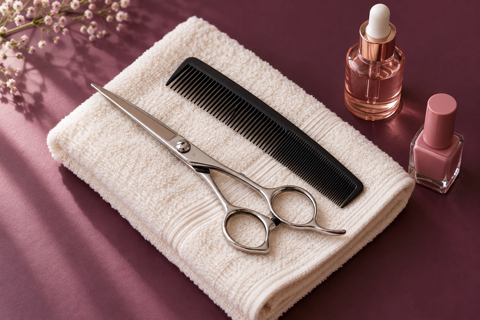 Illustrative still life of hair shears, comb, skincare bottle and nail polish on an ivory towel